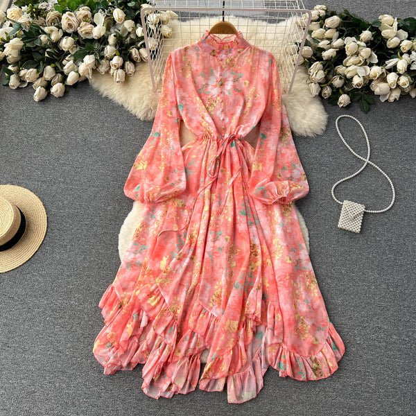 Vintage Drawstring Ruffled Floral Dress