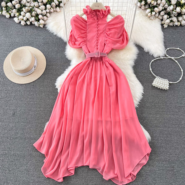 Stand collar Ruffled Chiffon Dress