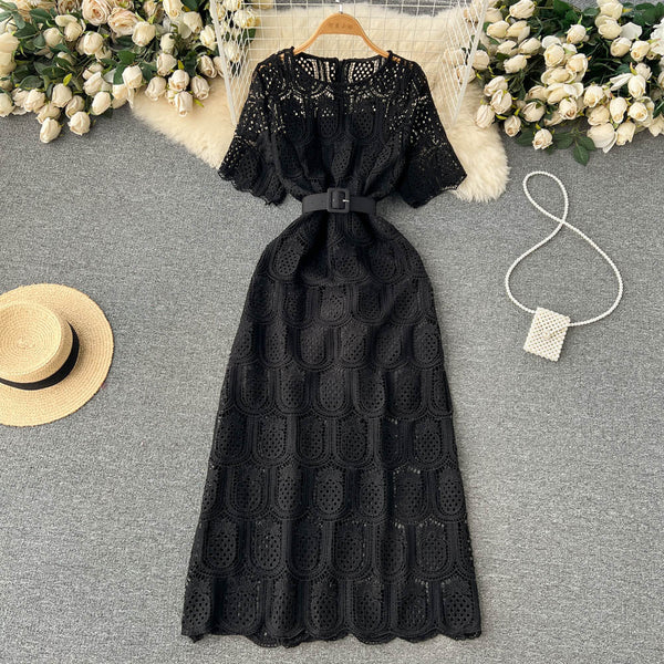 Crochet Lace Hollowed Long-sleeve Dress