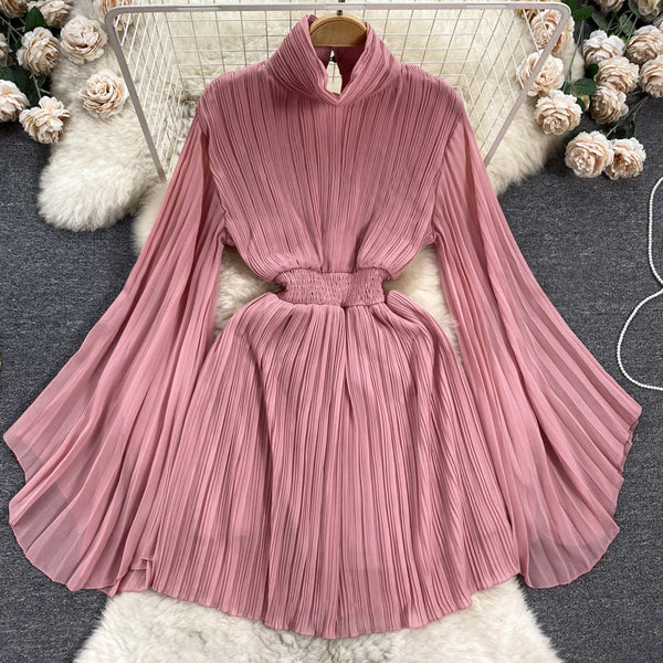 Premium Flared Sleeves Pleated Chiffon Dress