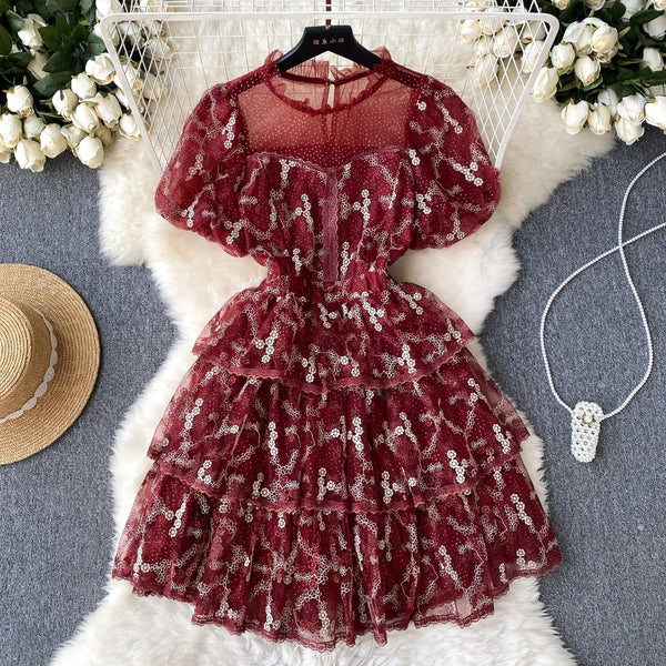 Crochet Lace Puff Sleeve Cake Dress