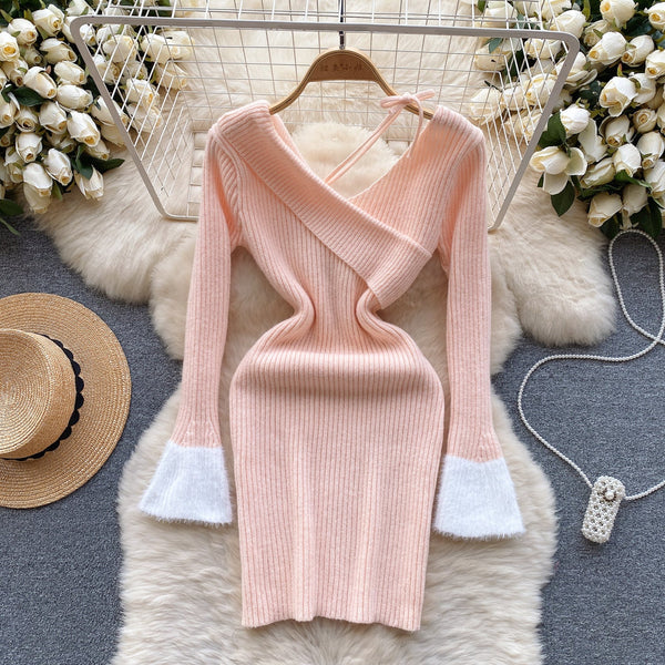 Niche V-neck Slim-fit Knitted Dress