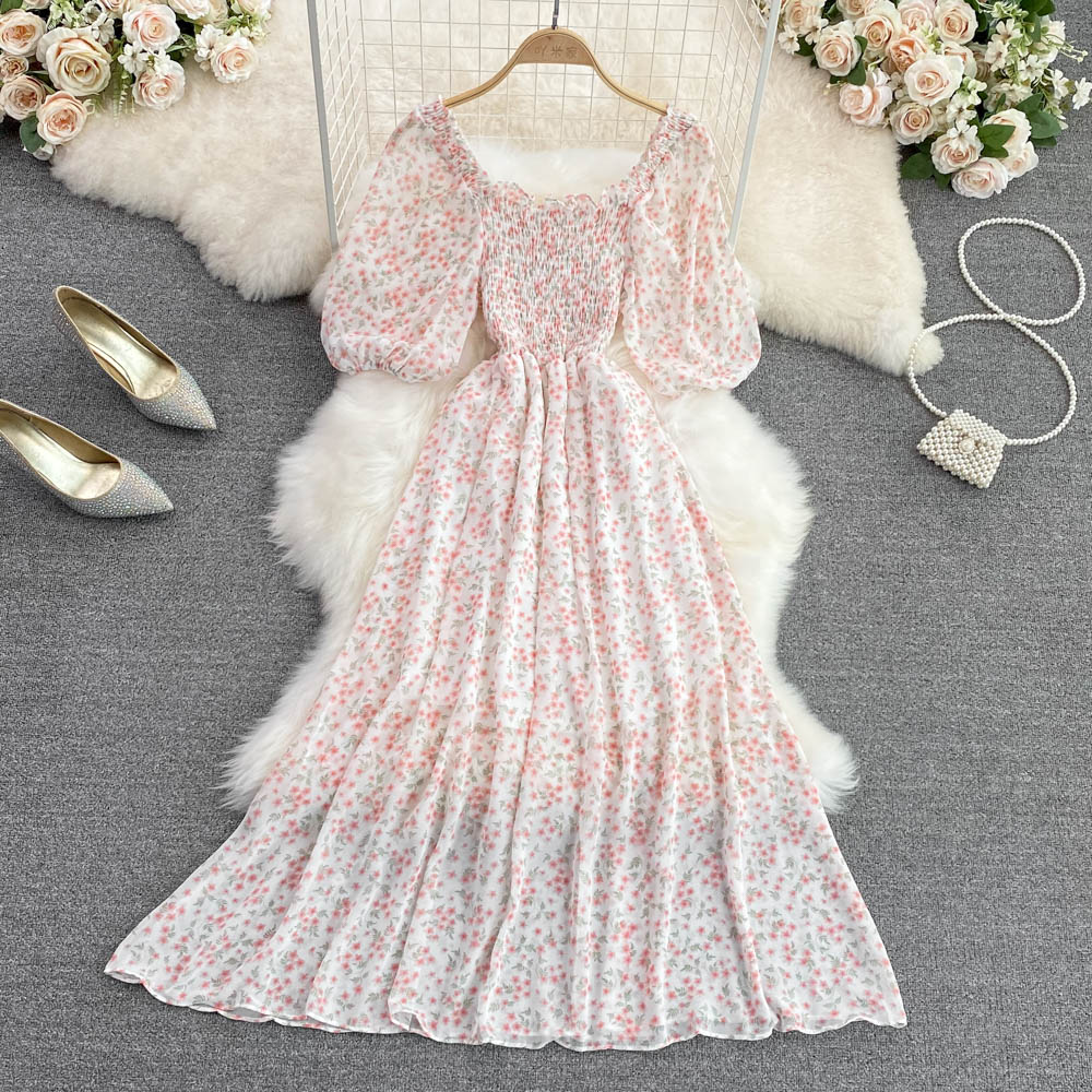 Square Collar Floral Chiffon Dress