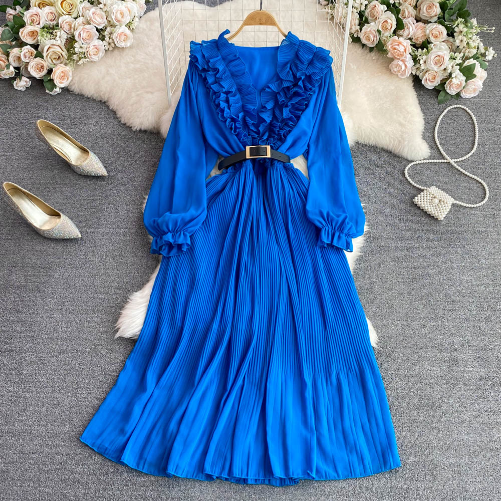 Vintage Ruffle Puffy Sleeve Pleated Dress