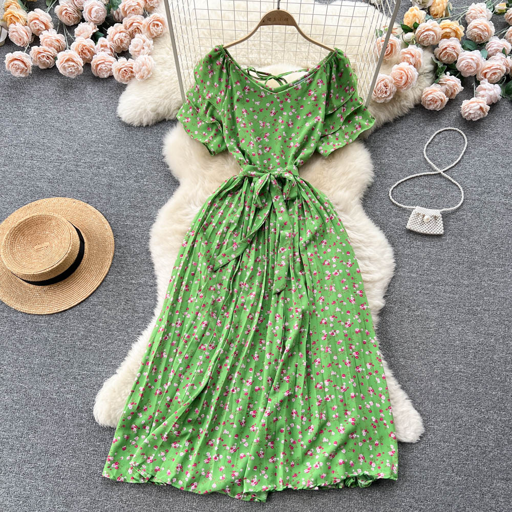 Fairy Pleated Lace-up Floral Dress
