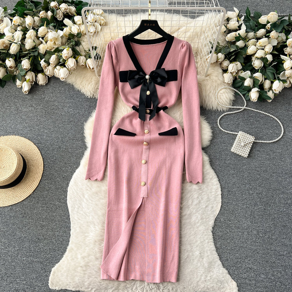 Color Blocking Bow-tie Knitted Dress