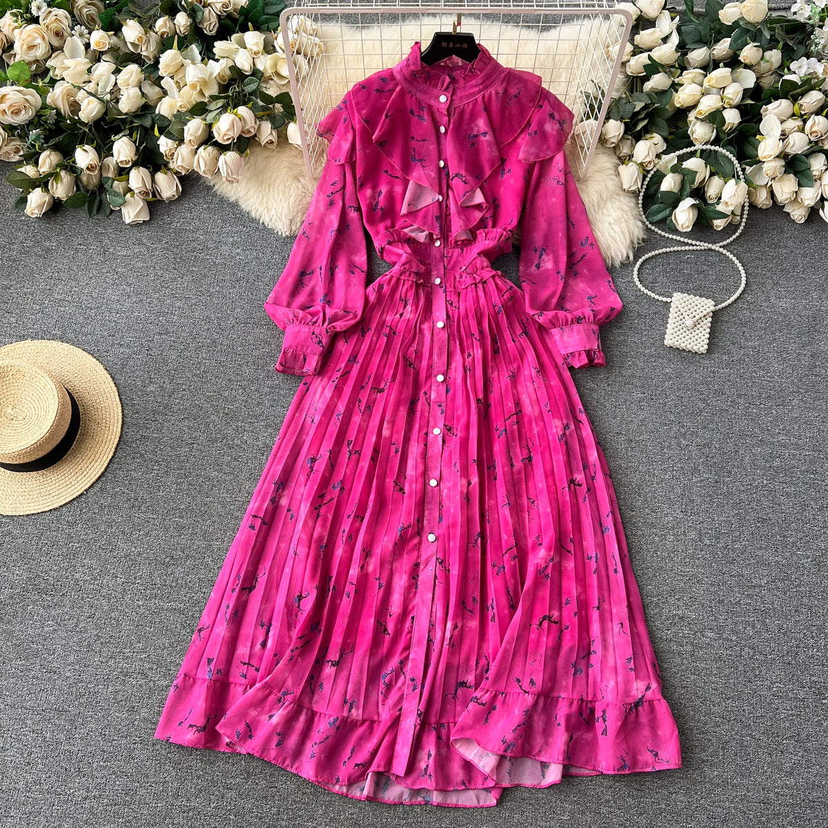 Courtly Pleated Floral Chiffon Dress
