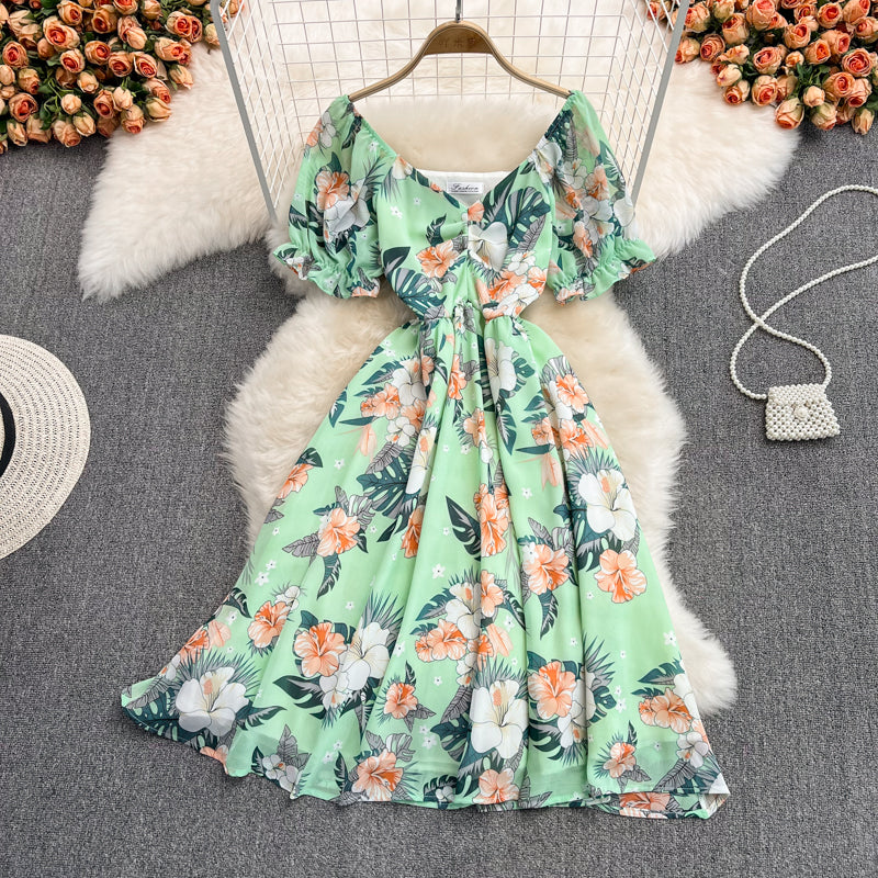 Waist-slimming V-neck Floral Chiffon Dress