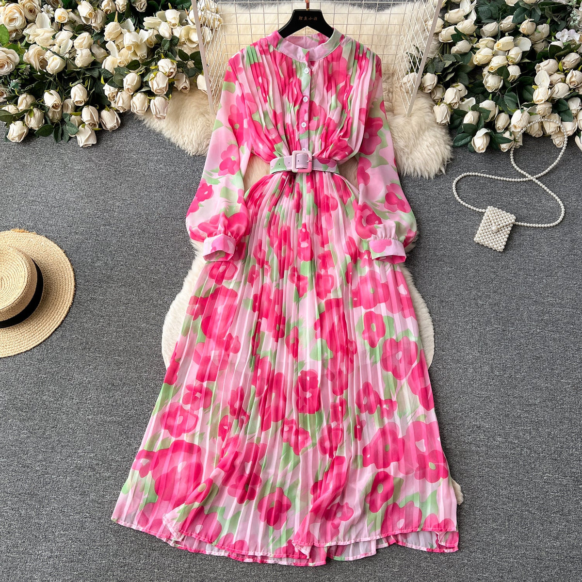 Pleated Floral Printed Shirt Dress