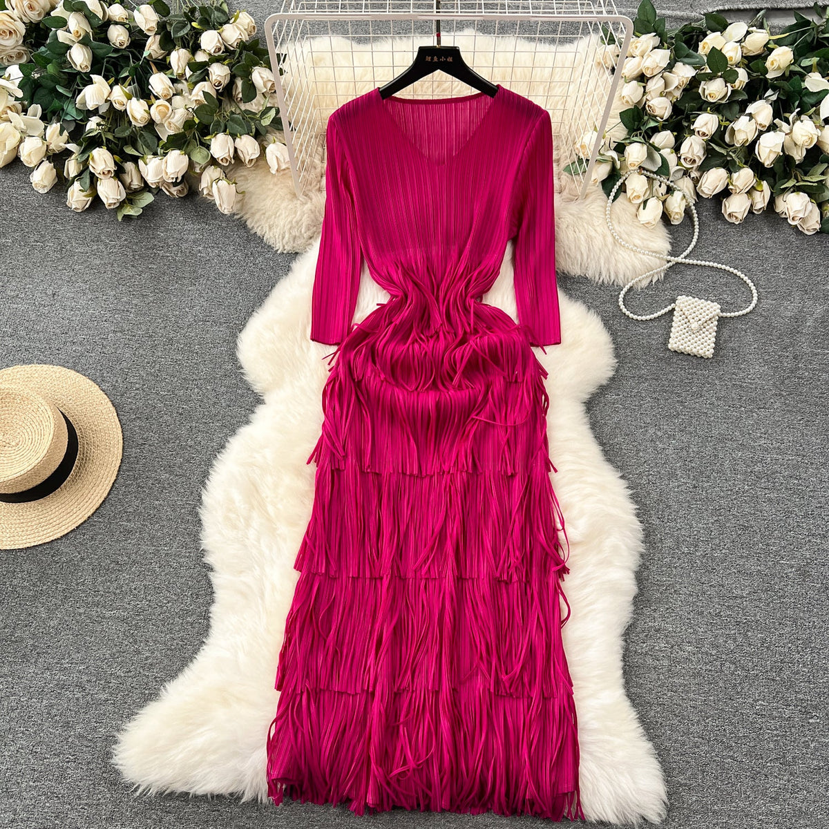 Delicate V-neck Fringed Pleat Dress
