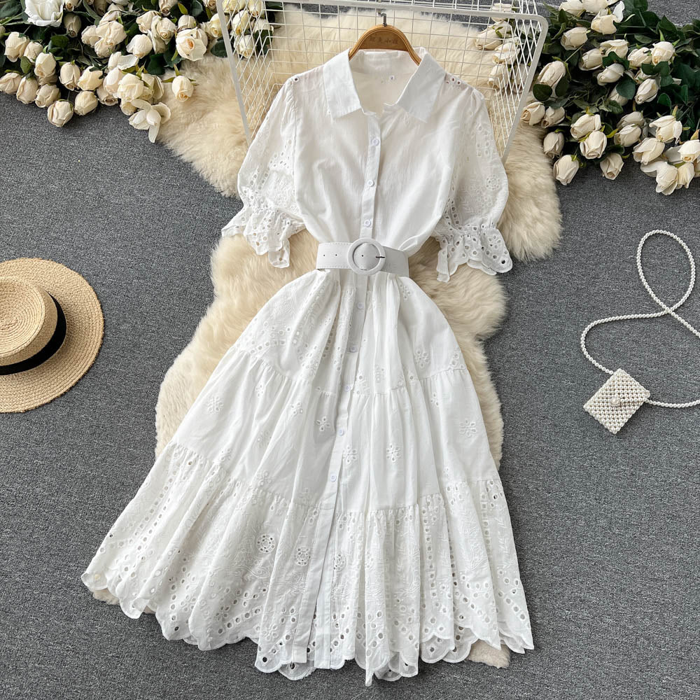 Puff Sleeve Hollowed Embroidered Dress