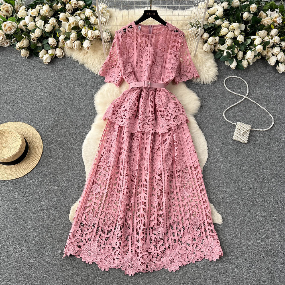 Hollowed Crochet Lace Solid Dress