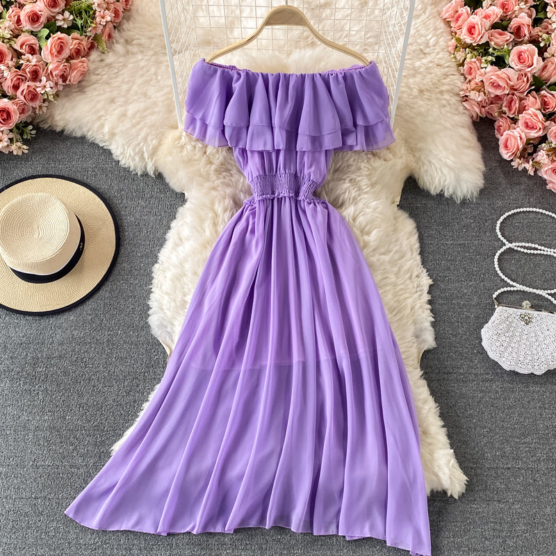Off-shoulder Ruffle Mesh Chiffon Dress