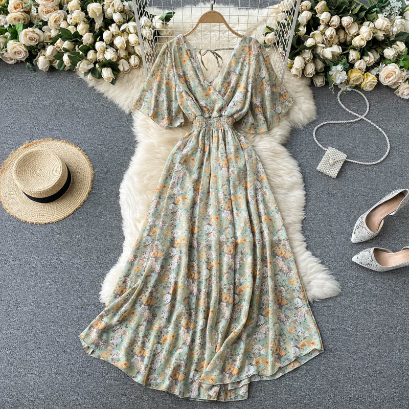 V-yaka Slim Chiffon Çiçekli Elbise