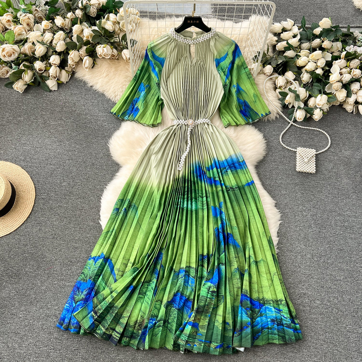 Elegant Beaded Floral Printed Dress