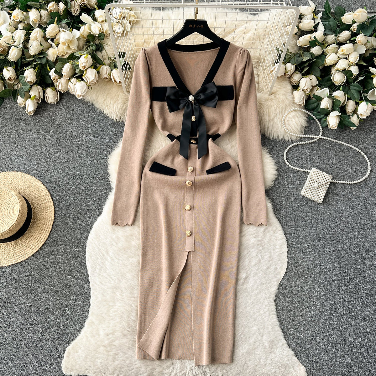 Color Blocking Bow-tie Knitted Dress