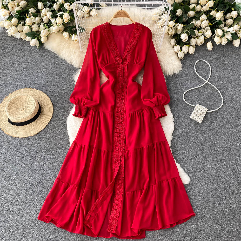 Courtly Lace Trim Single-breasted Dress