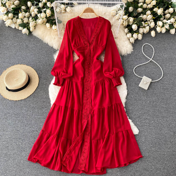 Courtly Lace Trim Single-breasted Dress