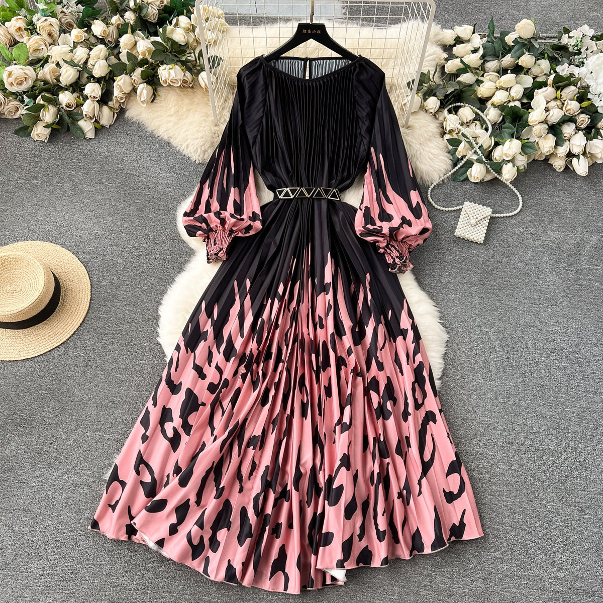 Floral Printed High-waist Pleated Dress
