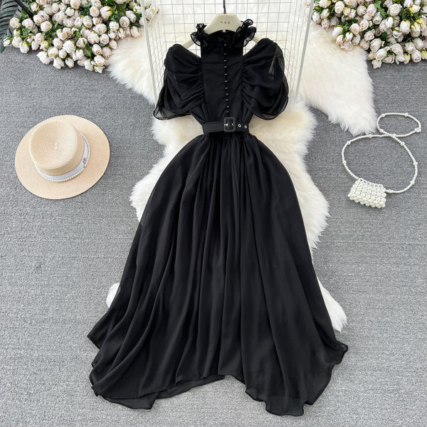 Stand collar Ruffled Chiffon Dress