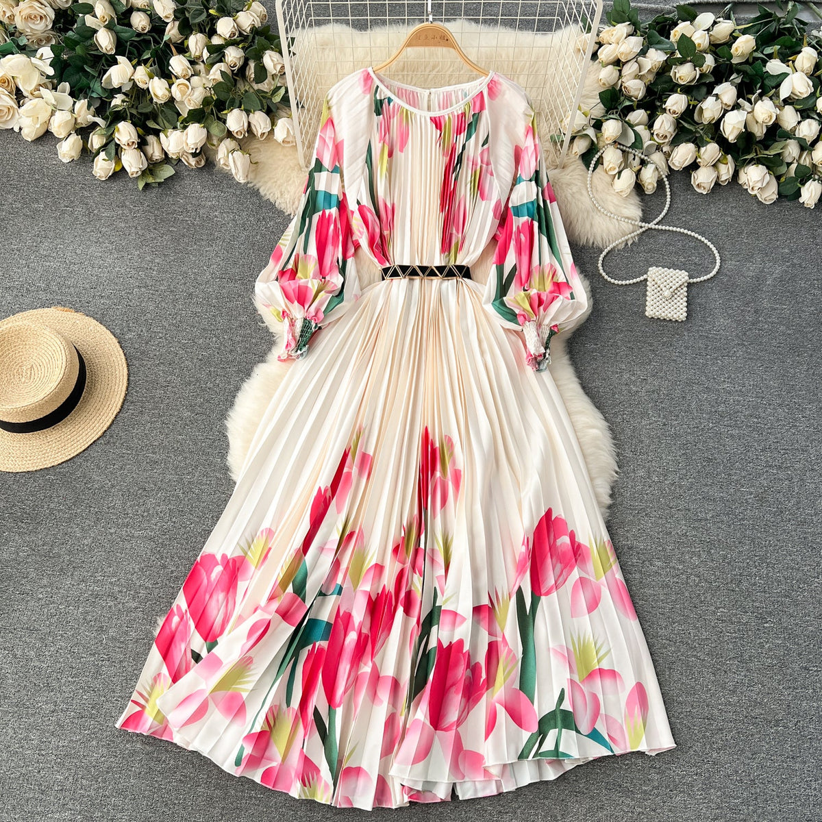 Courtly Flared Sleeve Floral Dress
