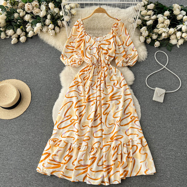 Square Neck Bubble Sleeve Floral Dress