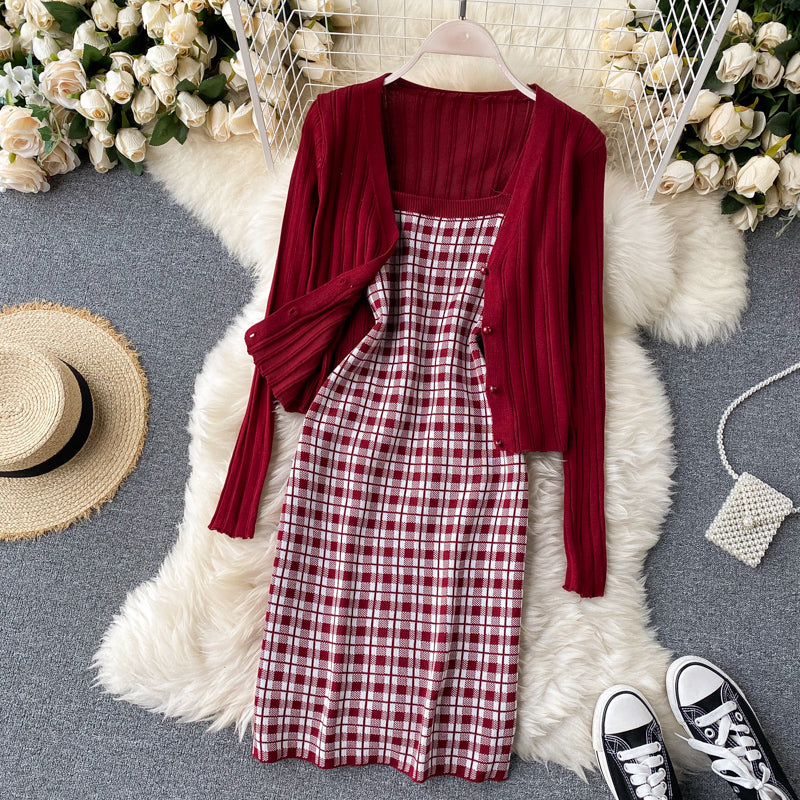 Knitted Cardigan&Plaid Dress 2Pcs
