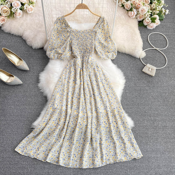 Square Collar Floral Chiffon Dress