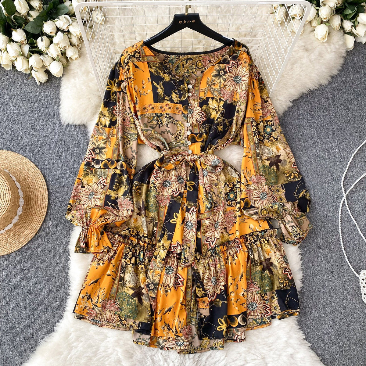 Elegant Lace-up Draped Printed Dress