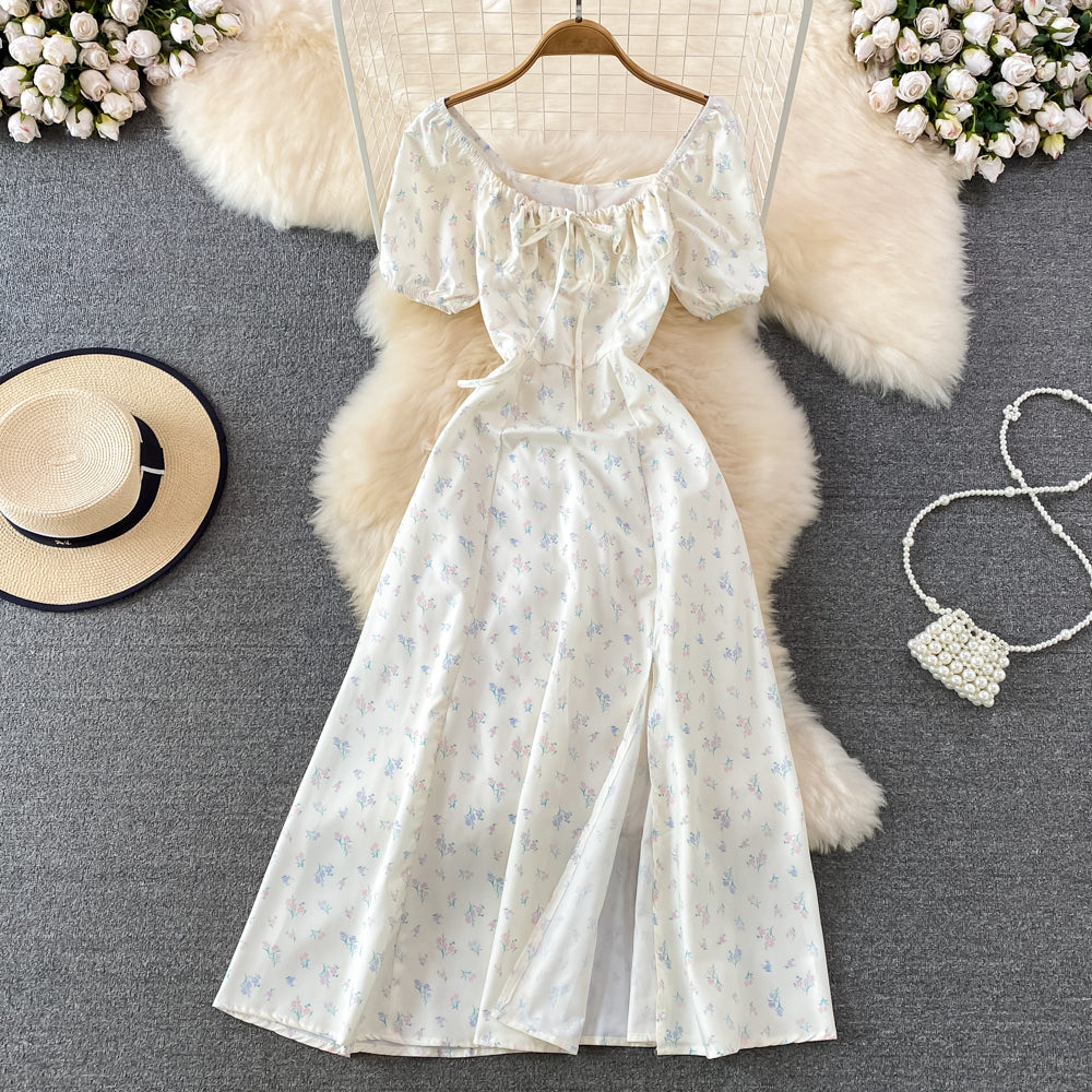 French Style Puff Sleeve Floral Dress