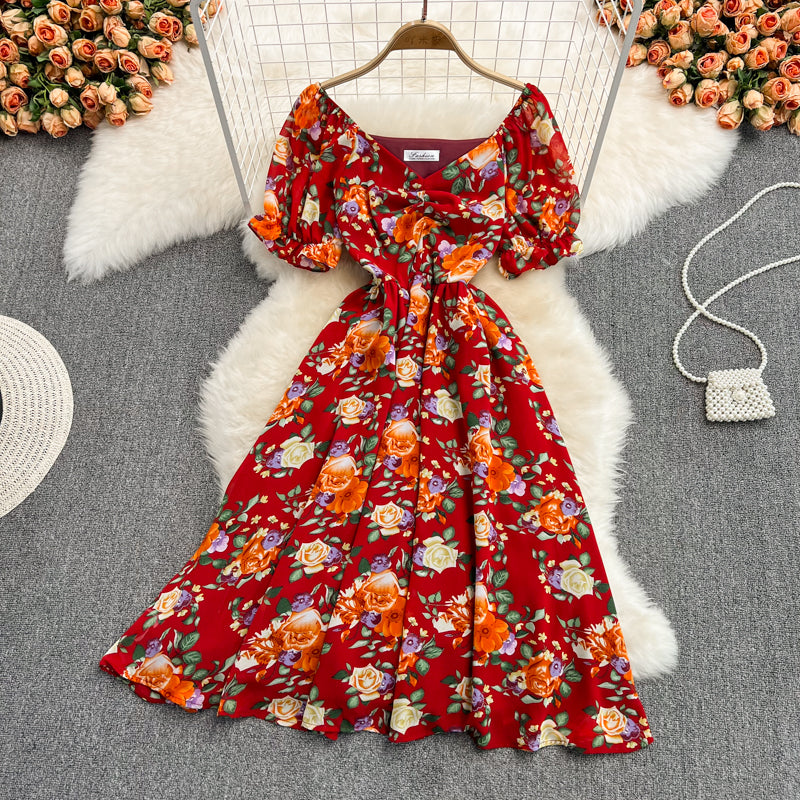 Waist-slimming V-neck Floral Chiffon Dress