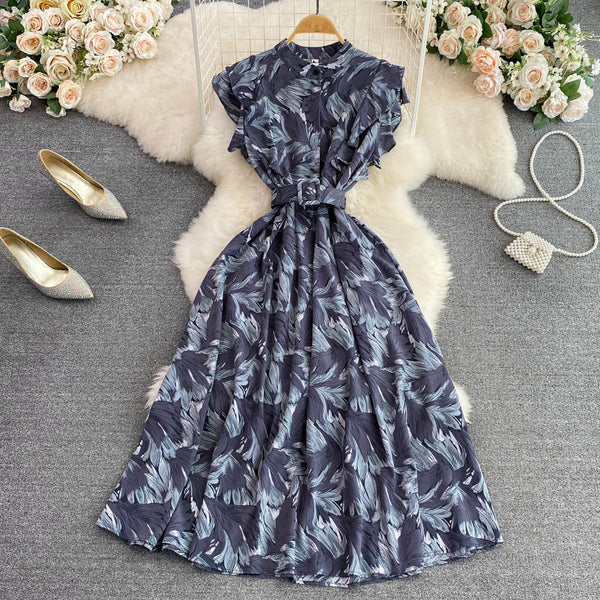 Stand Collar Floral Printed A-line Dress