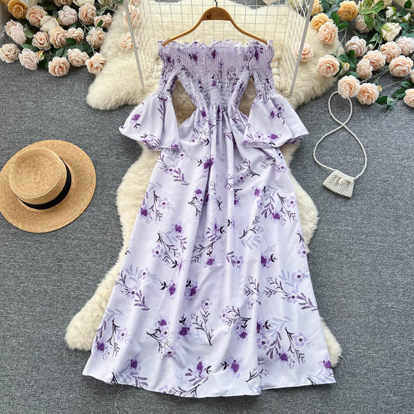 Off-shoulder Flared Sleeve Floral Dress