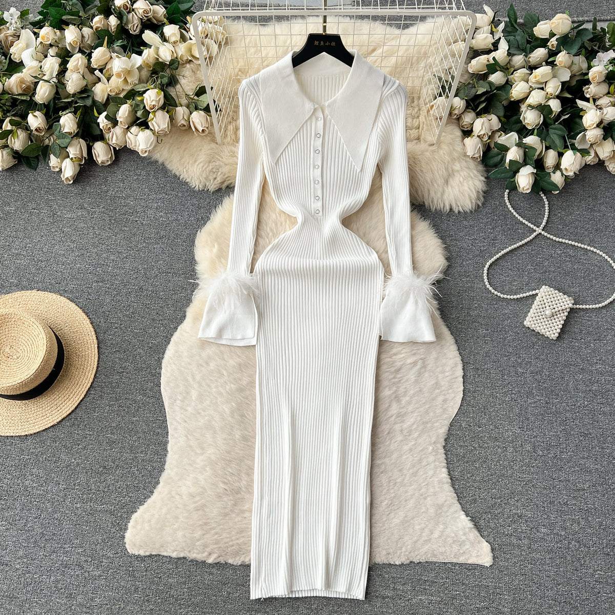 Lapel Furry Cuff Knitted Dress