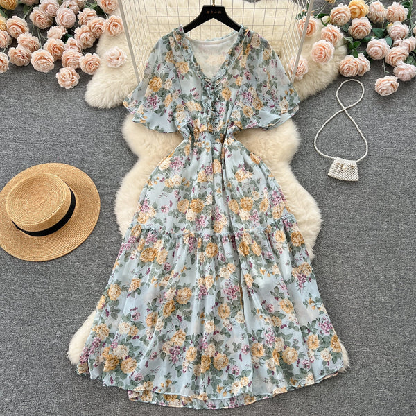 Mori Flared Sleeve Floral Chiffon Dress