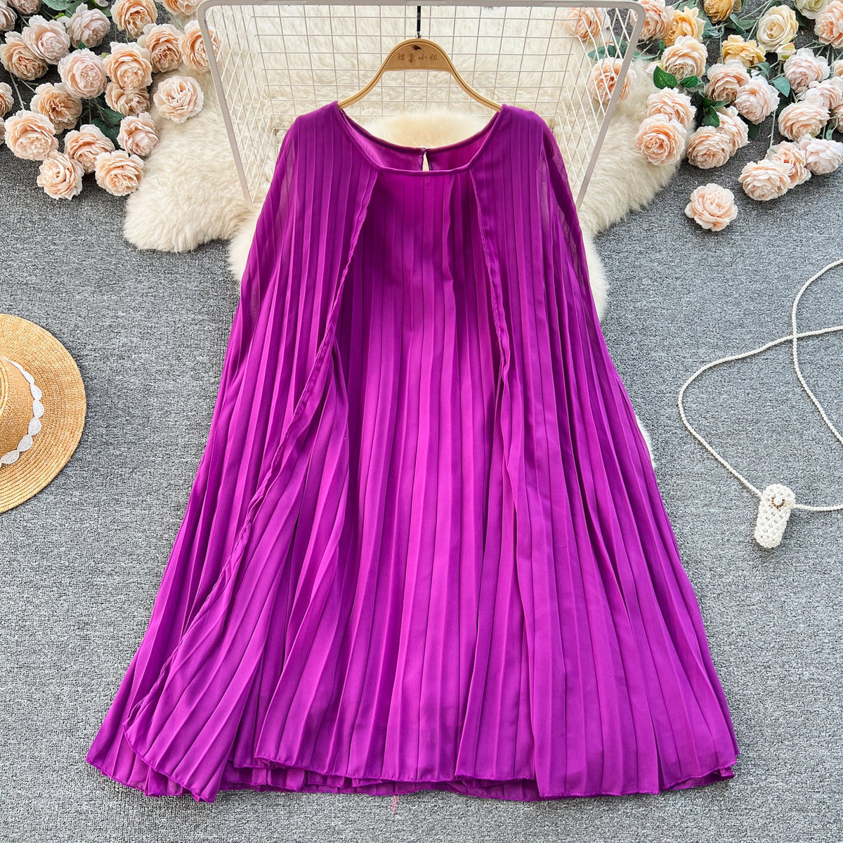 Solid Color Pleated Cape Dress