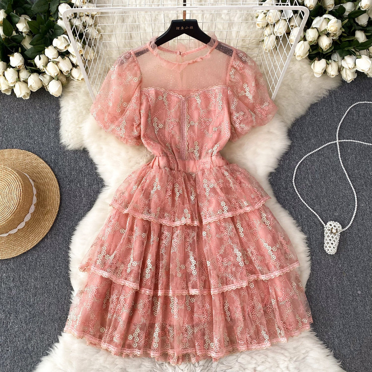 Crochet Lace Puff Sleeve Cake Dress