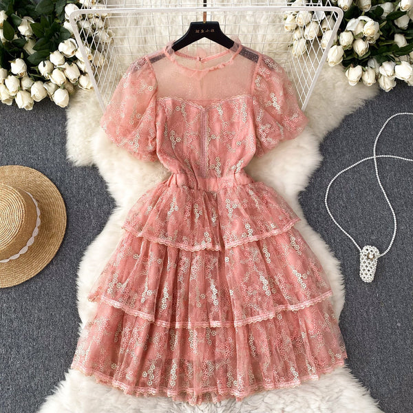 Crochet Lace Puff Sleeve Cake Dress