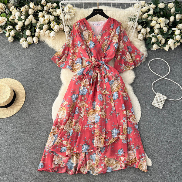 Flared Sleeve V-neck Floral Dress