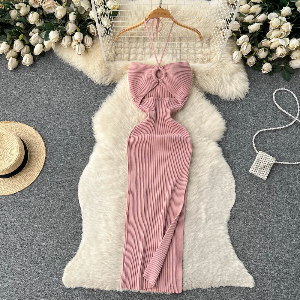 Openwork Backless Knitted Halter Dress