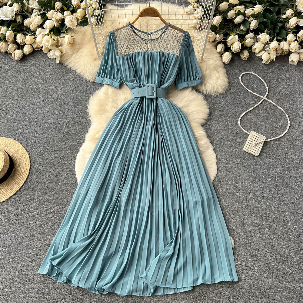 High Waist Tied Chiffon Pleated Dress