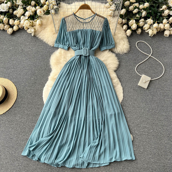 High Waist Tied Chiffon Pleated Dress