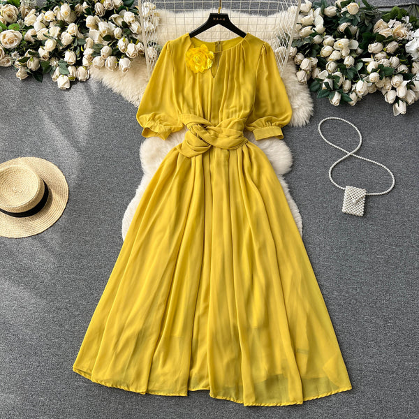 Puff Sleeves Twisted Floral Chiffon Dress