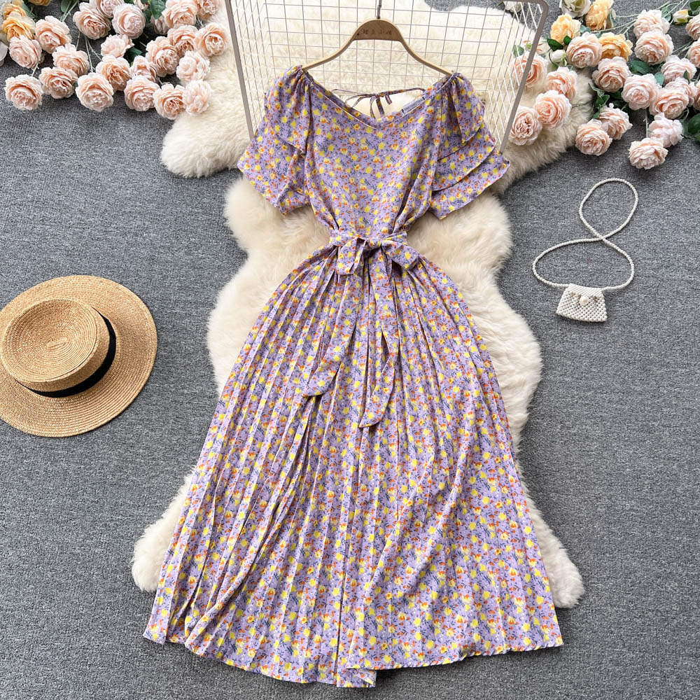 Fairy Pleated Lace-up Floral Dress