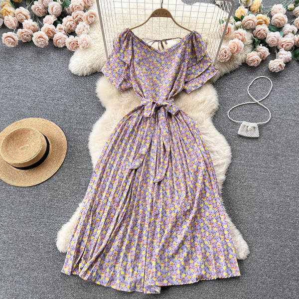 Fairy Pleated Lace-up Floral Dress