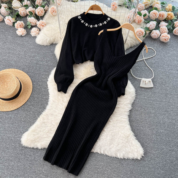Vintage Beaded Jersey&V-neck Halter Dress