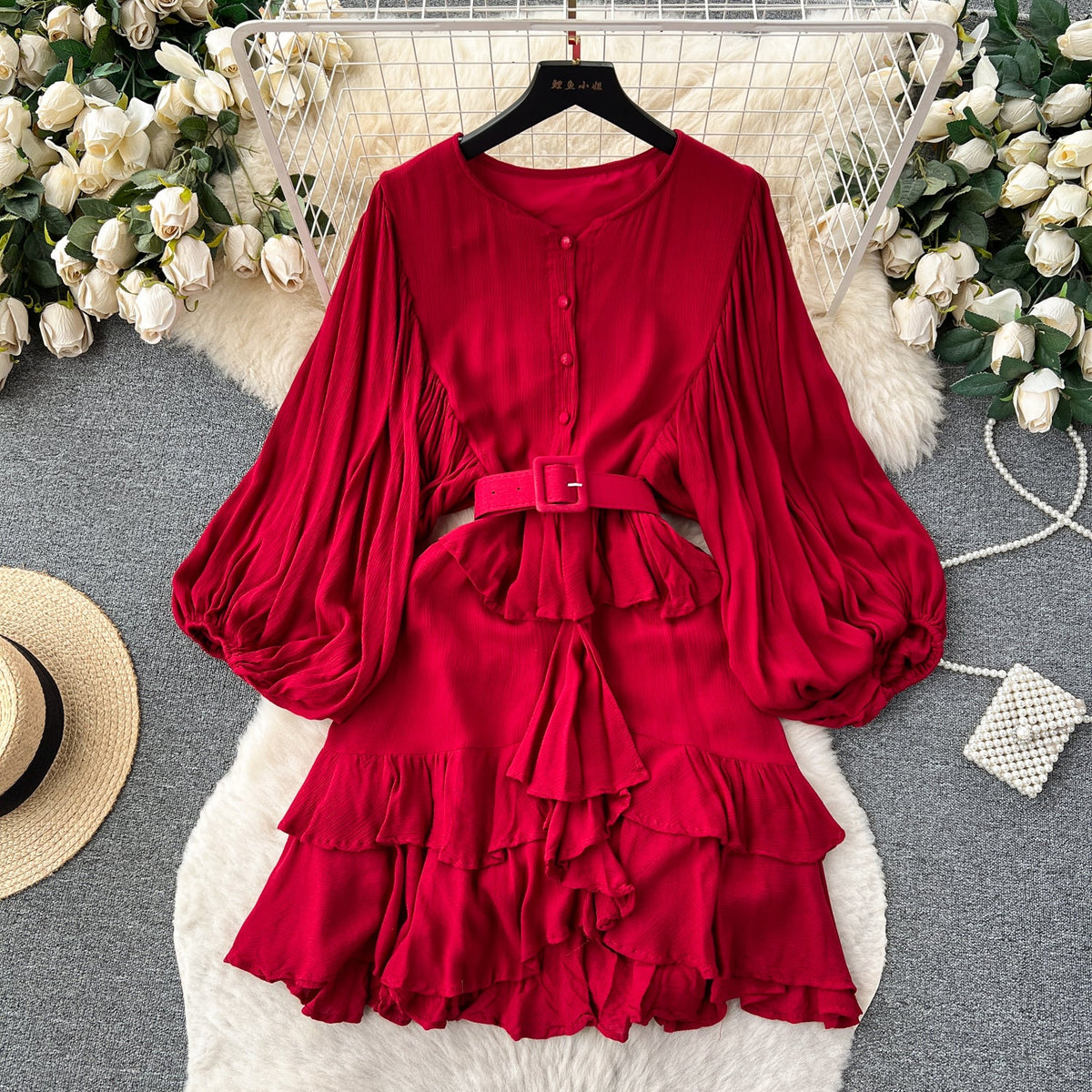 Courtly Puffy Sleeve Ruffled Dress