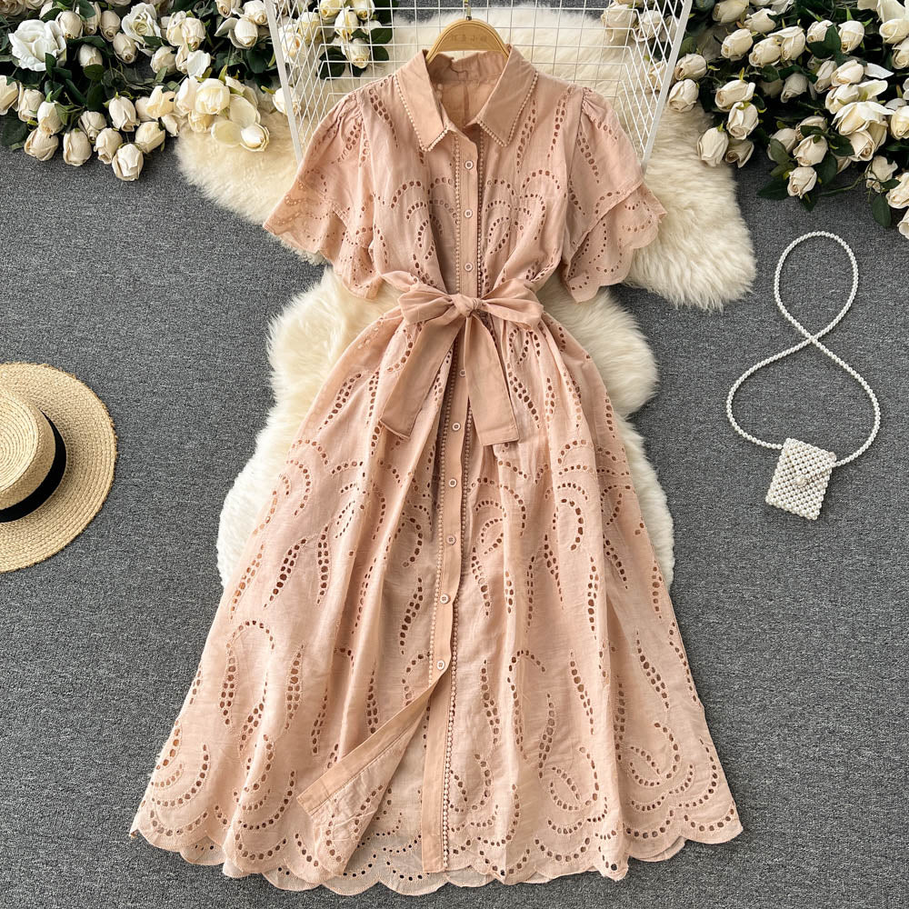 Lapeled Puff Sleeve Hollowed Dress