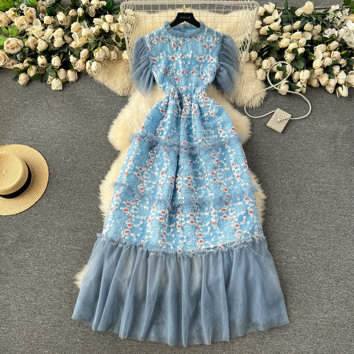 Lace Patchwork Mesh Floral Puffy Dress