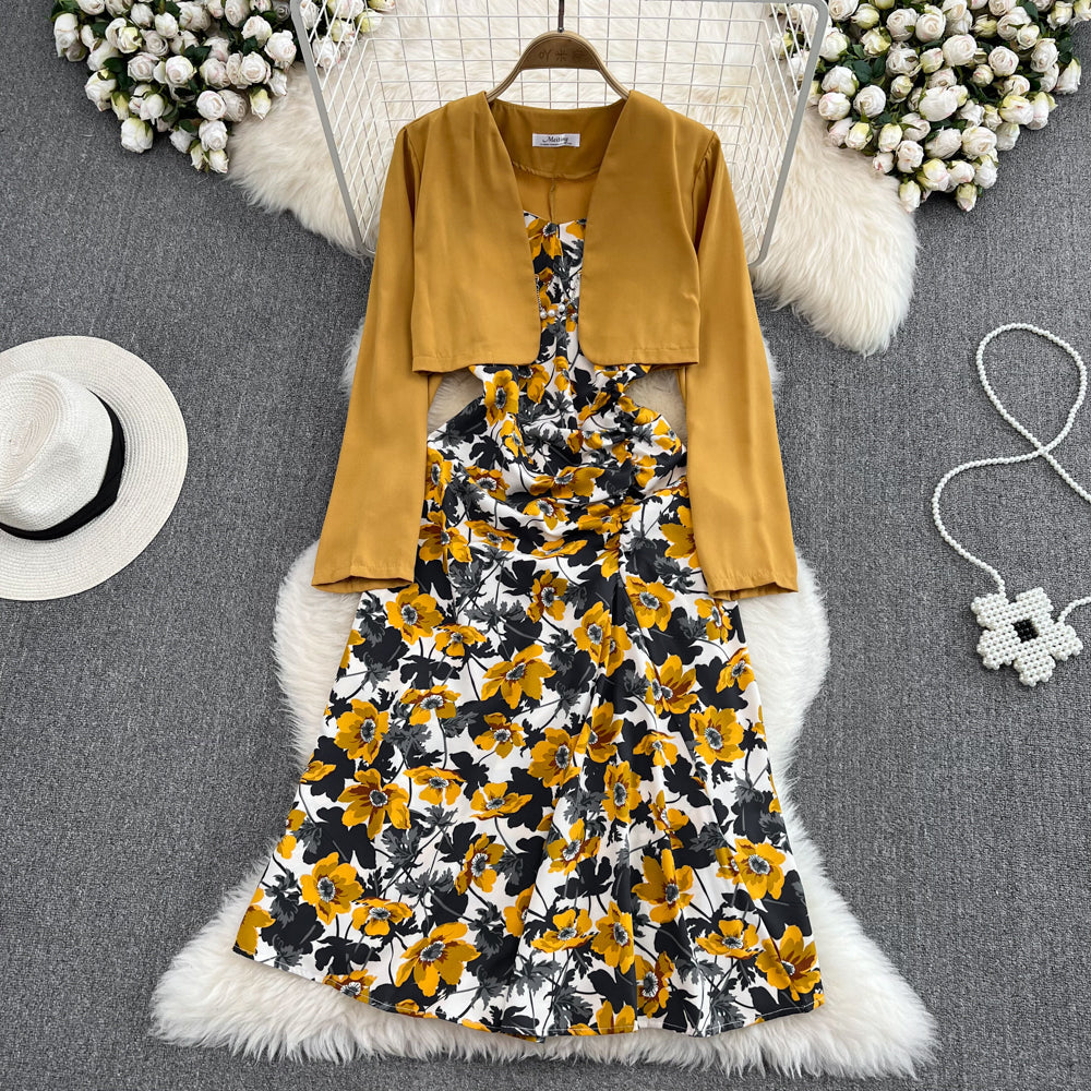 Vintage Sleeveless Dress&Cape Jacket 2Pcs
